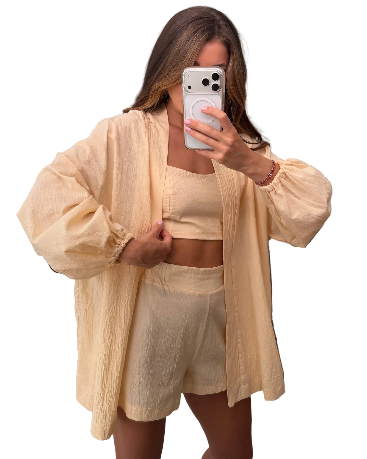 Womens Three Piece Cotton Batiste Set Beige Breathable Summer Suit