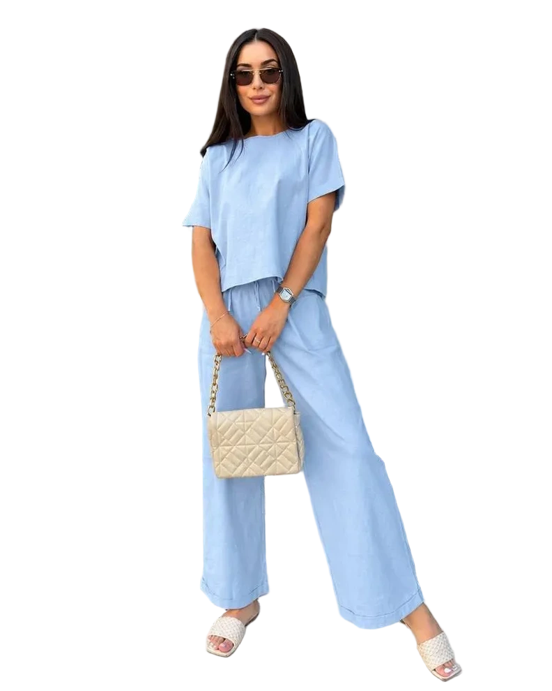 Linen Two Piece Set Women Light Blue Short Sleeve Top Palazzo Pants