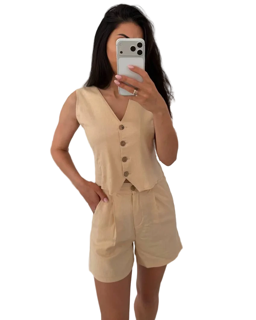 Beige Linen Two Piece Suit Women Vest and Shorts Set