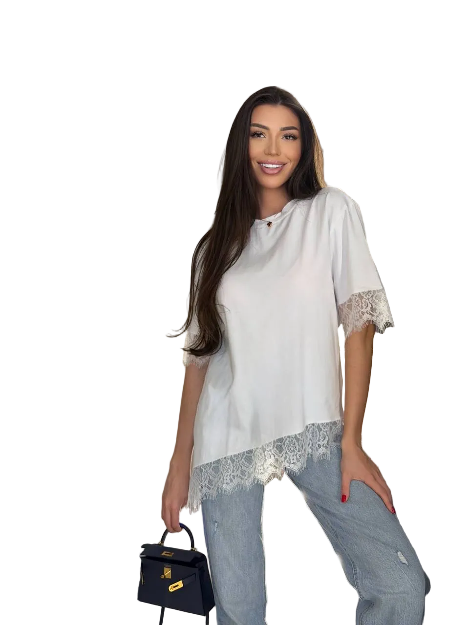 White Lace Trim Womens T Shirt 100 Percent Cotton Lace Sleeve Casual Top