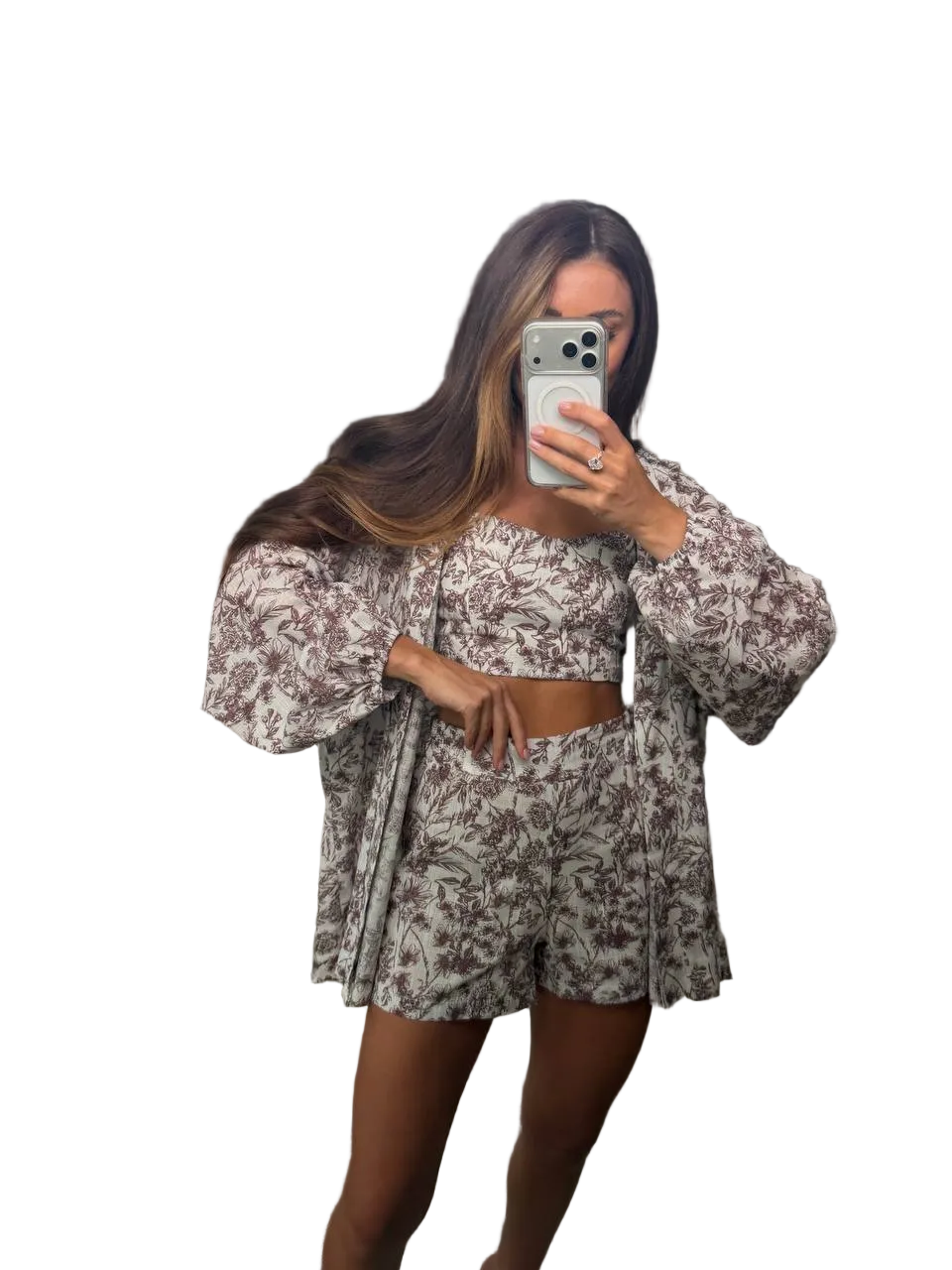 Three Piece Linen Set Women Floral Print Shorts Top Shirt Summer