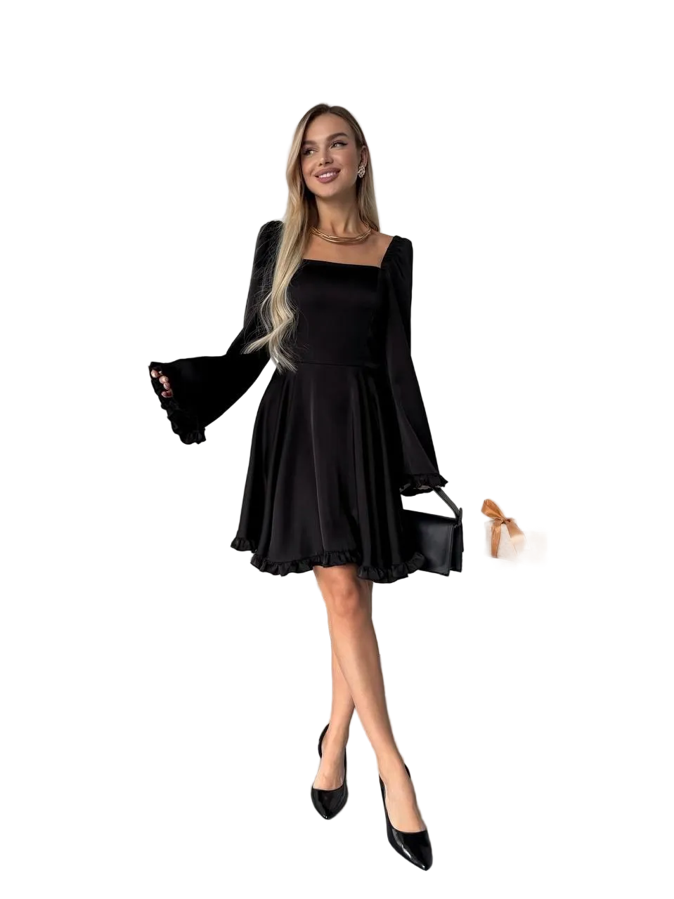 Black Mini Dress Square Neck Puff Sleeve Double Silk Elegant Cocktail Dress