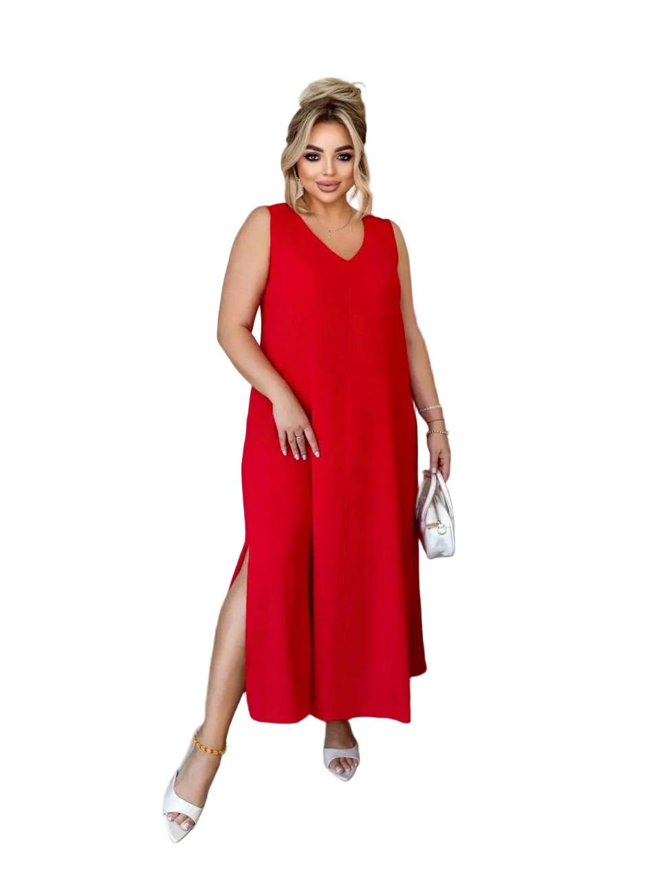 Plus Size Red Midi Dress V Neck Crepe Fabric Sleeveless Straight Cut