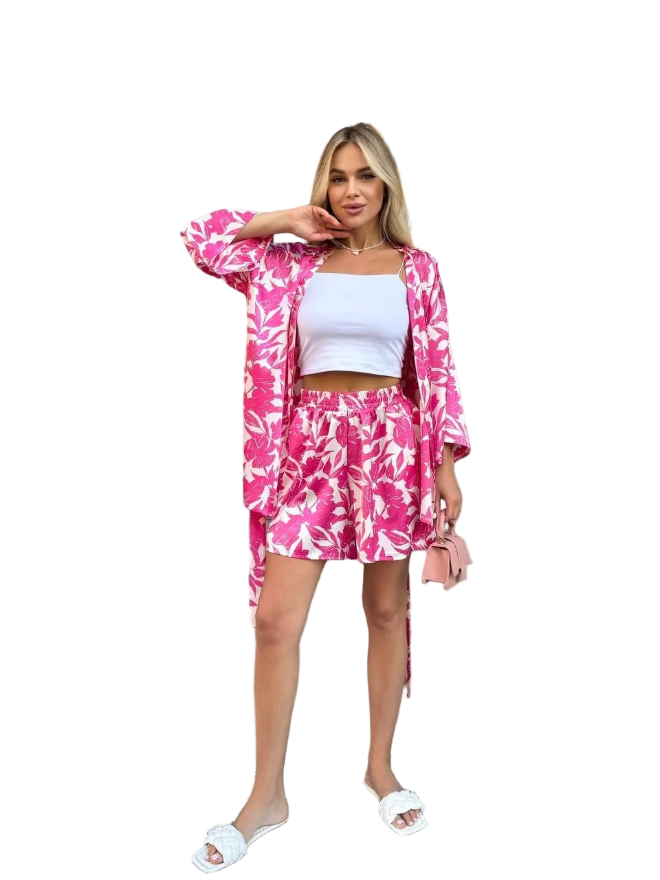 Pink Floral Silk Two Piece Suit Women Kimono Top and Shorts Summer Set