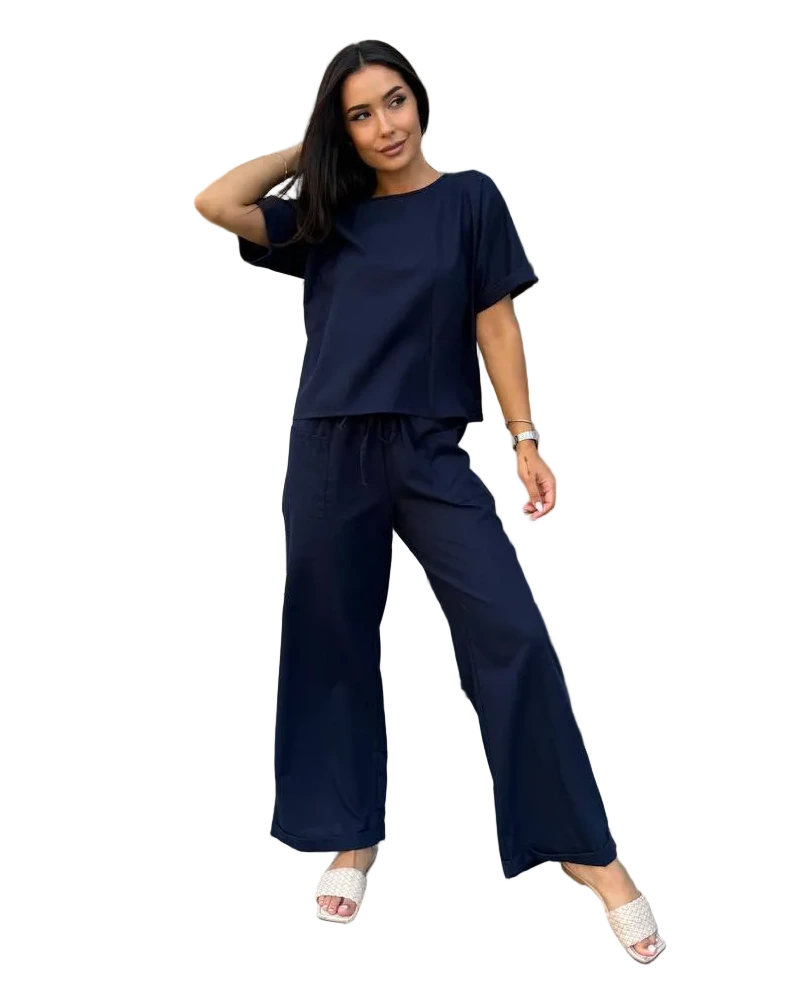 Navy Linen Two Piece Set Women Loose Top Wide Palazzo Pants Relaxed Fit