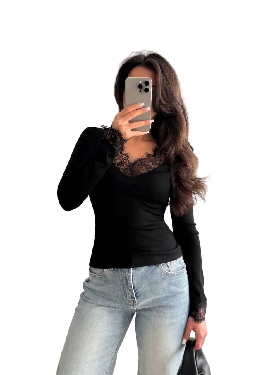 Black Viscose Lace Trim Slim Fit Blouse Long Sleeve Elegant Top