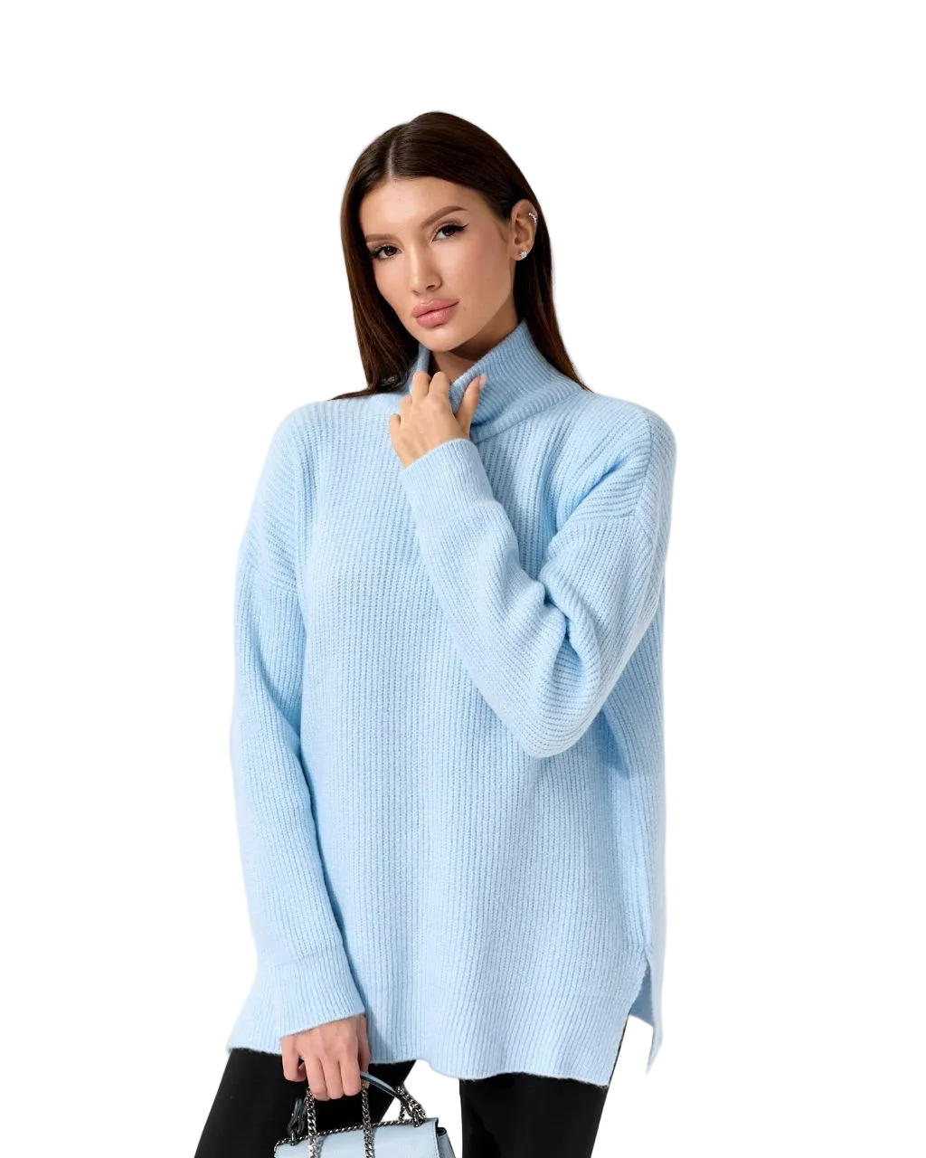 Oversized Light Blue Turtleneck Sweater Zipper Side Slit Wool Blend