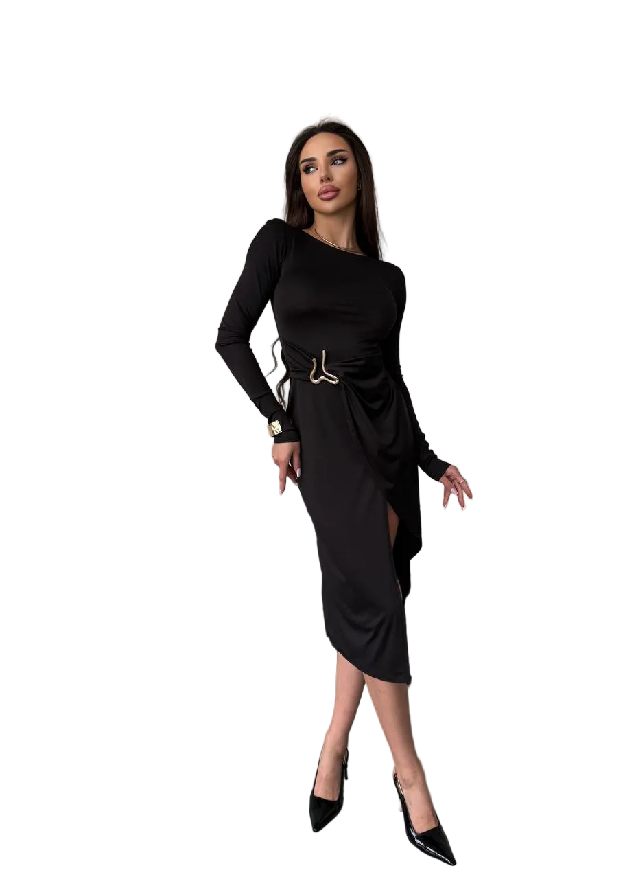 Black Long Sleeve Ruched Midi Dress Premium Microdiving Elegant Evening Dress