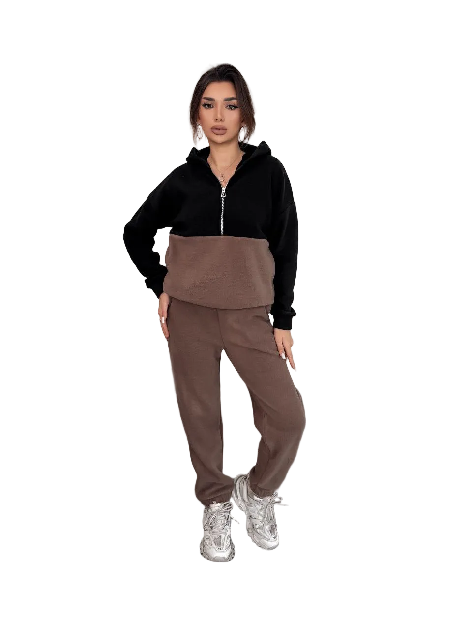 Womens Two Tone Polar Fleece Tracksuit Black Brown Hooded Zip Joggers