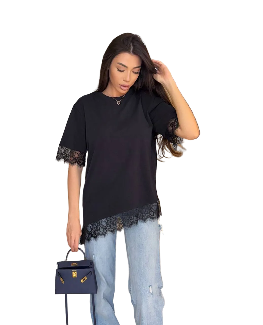Black Lace Trim Cotton T Shirt for Women