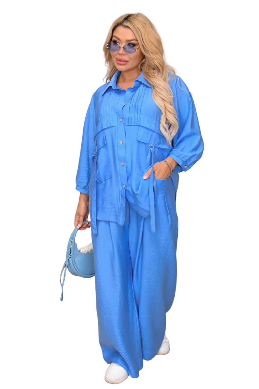 Blue Linen Crinkle Two Piece Suit Women Plus Size Oversized Shirt Wide Leg Pants