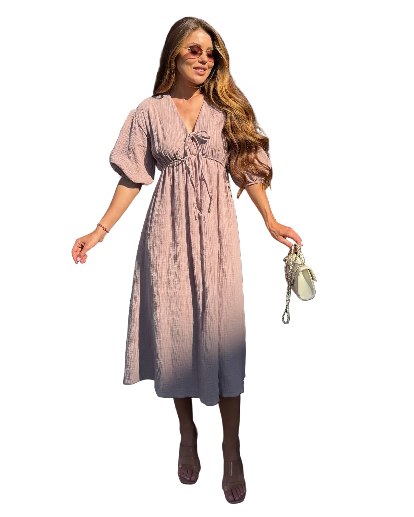 Muslin Midi Dress Puff Sleeves Tie Front