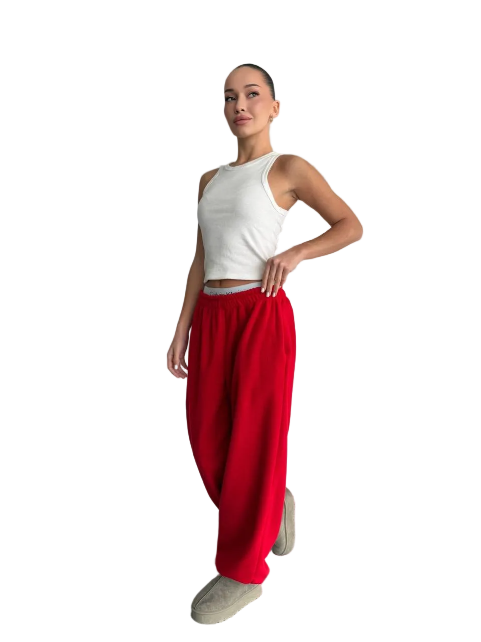 Red Polar Fleece Wide Leg Trousers Elastic Waist Relaxed Fit