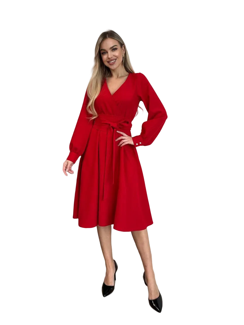 Red Wrap Style Midi V Neck Belted Long Sleeve Dress