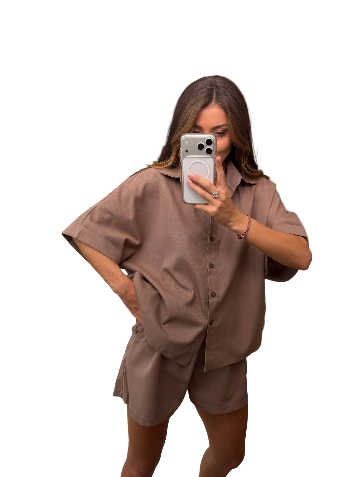 Womens Linen Two Piece Suit Brown Short Set Loose Fit Casual Summer Linen Outfit