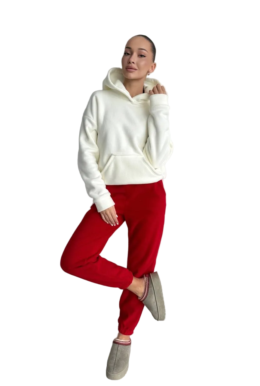 Womens Polar Fleece Tracksuit White and Red Hooded Sweatshirt Jogger Set