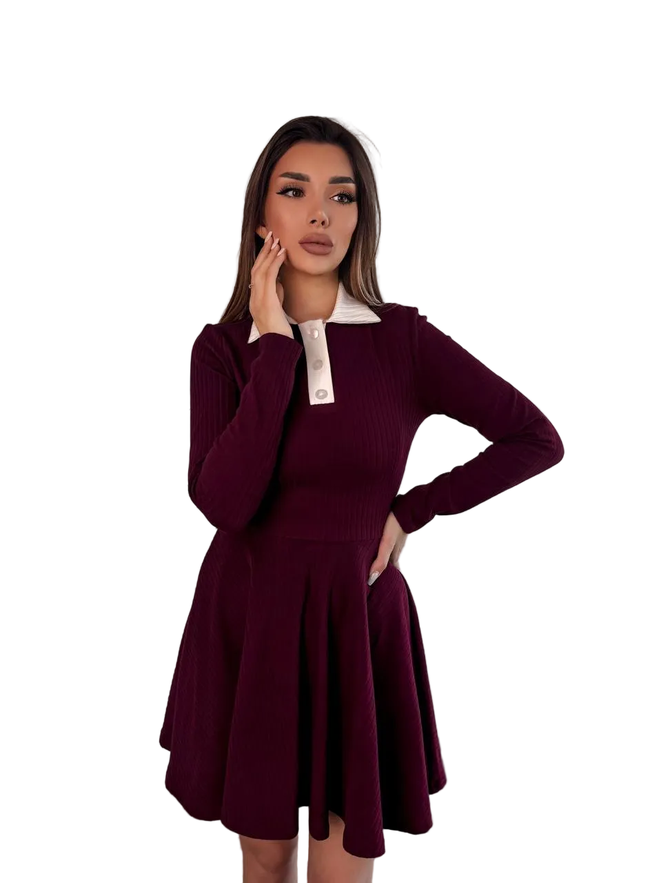Burgundy Knit Fit and Flare Dress with Contrast Polo Collar