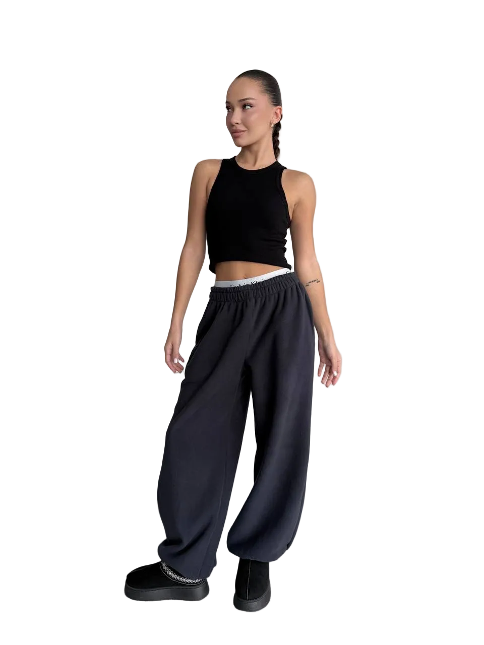 Black Polar Fleece Wide Leg Trousers Elastic Waist Loose Fit