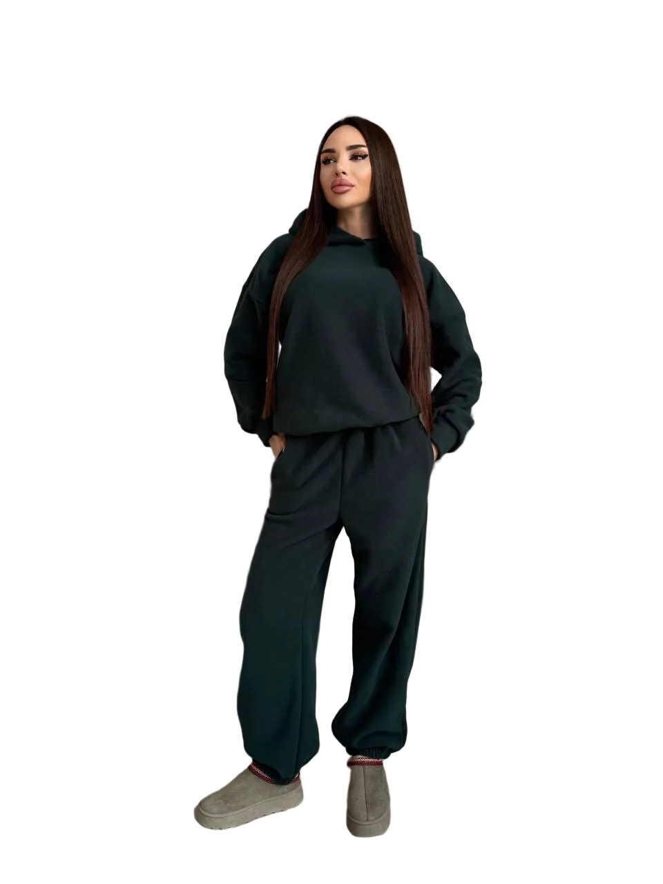 Women Forest Green Polar Fleece Tracksuit Hooded Jogger Set Warm Casual