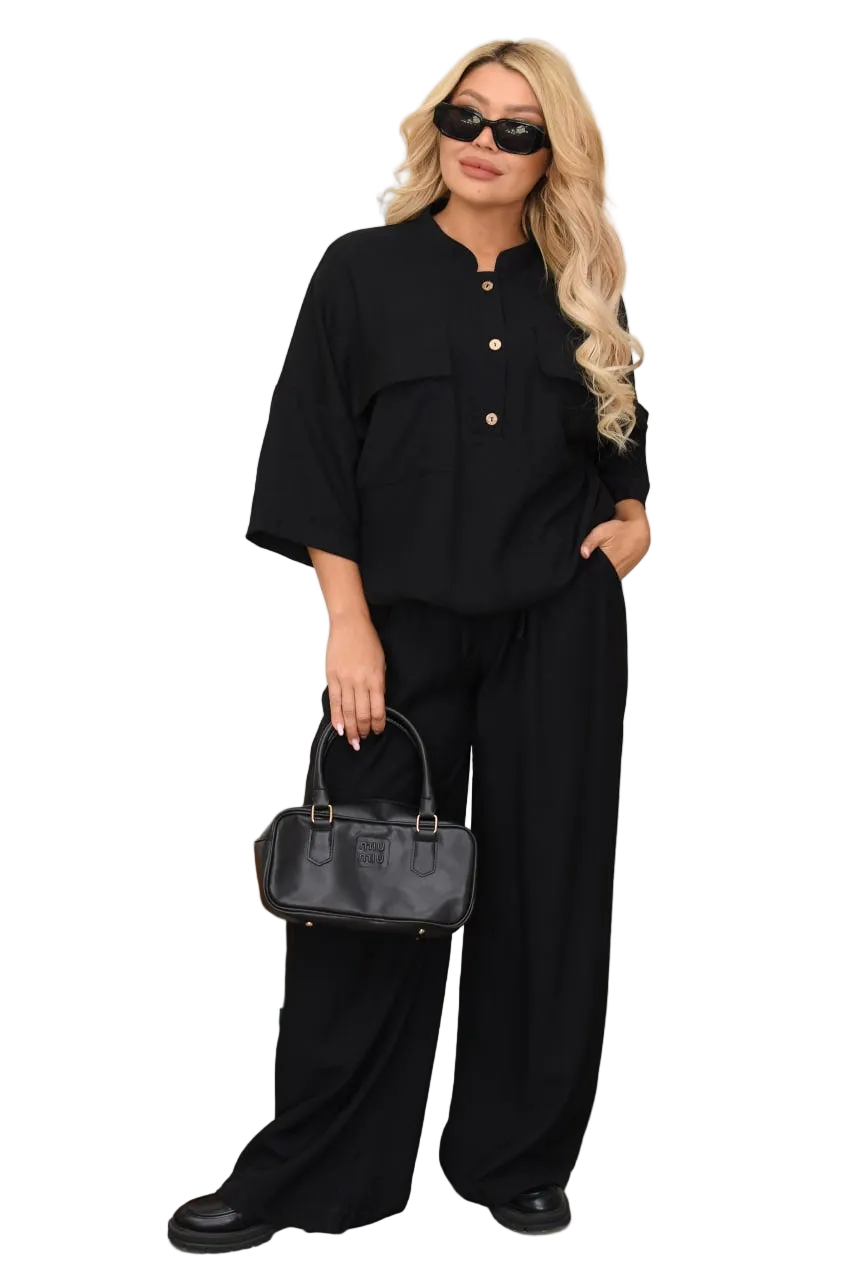Black Linen Crinkle Two Piece Suit for Women Loose Top High Waist Wide Leg Pants