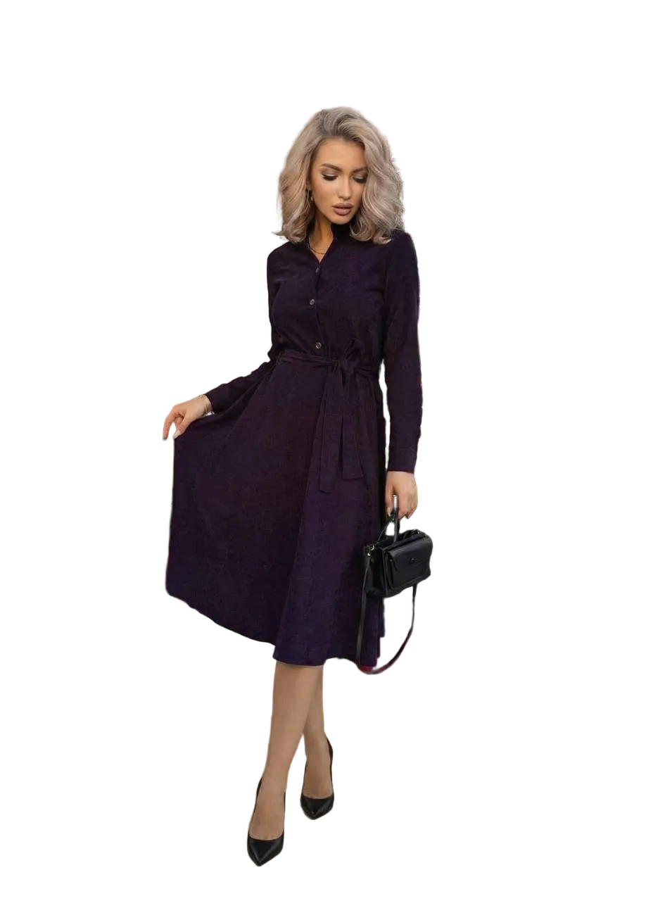 Plum Microvelvet Midi Dress Long Sleeve Belted Shirt Dress Elegant