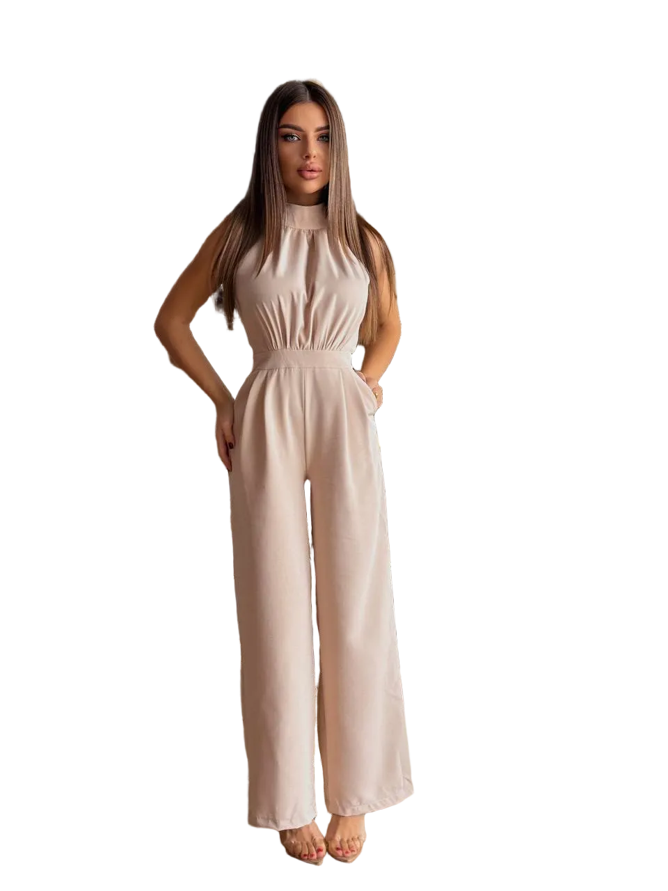 Elegant High Neck Pleated Bodice Jumpsuit Wide Leg Holiday Party Jumpsuit