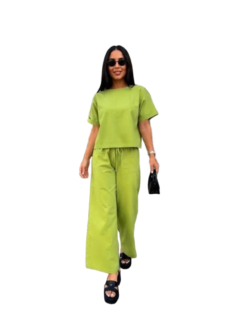 Linen Two Piece Suit Women Lime Green Wide Leg Palazzo Pants Boxy Short Sleeve Top