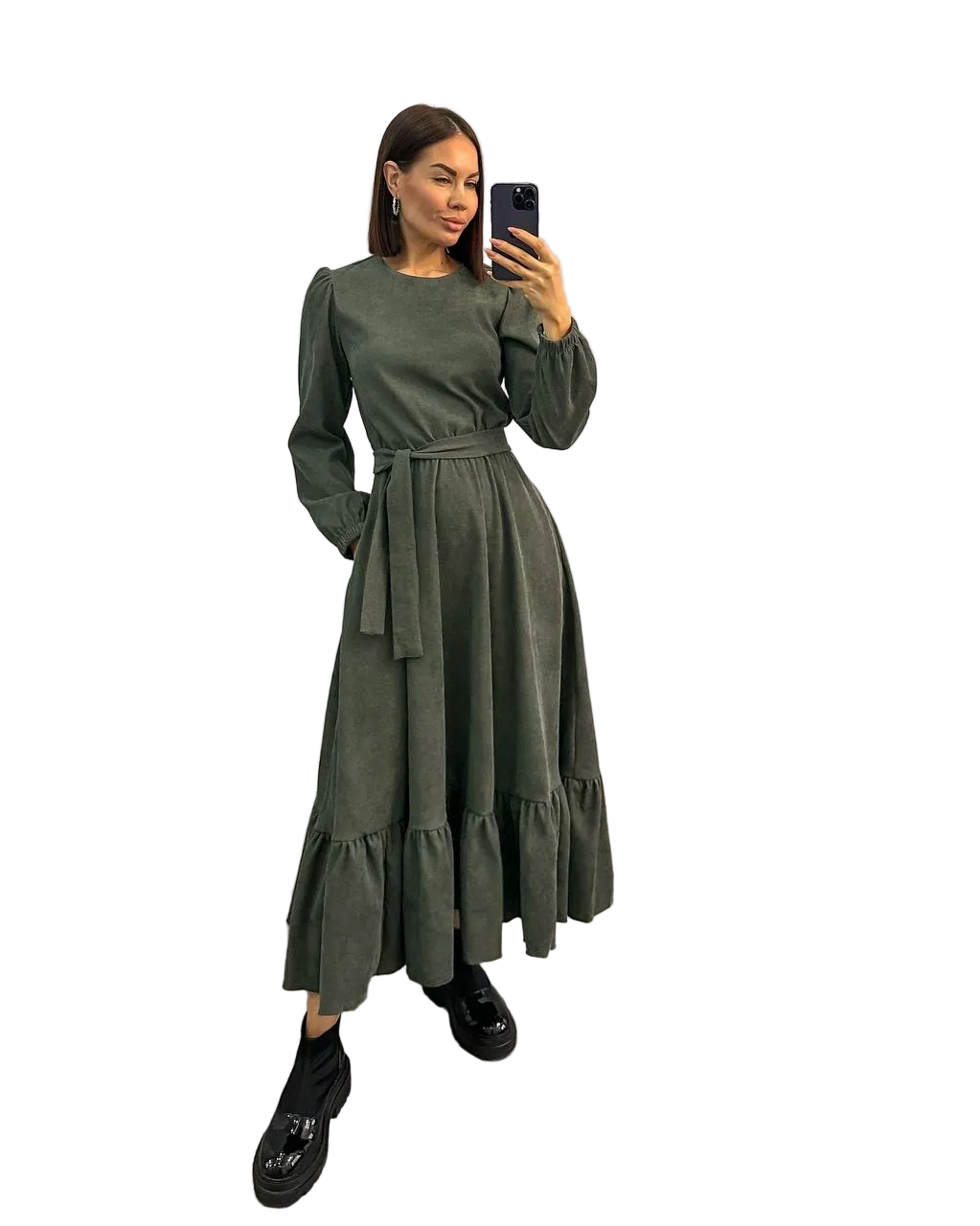 Olive Green Microvelvet Maxi Dress Puff Sleeve Elastic Cuffs Waist Tie