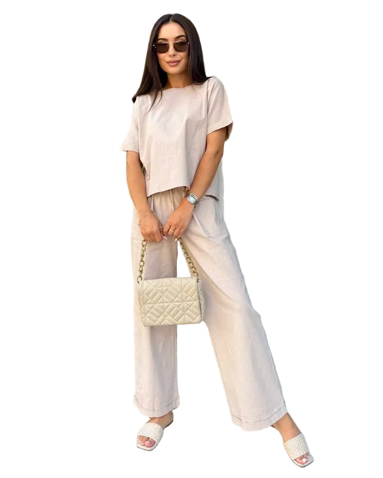 Beige Linen Two Piece Set for Women Palazzo Pants and Short Sleeve Top Relaxed Fit