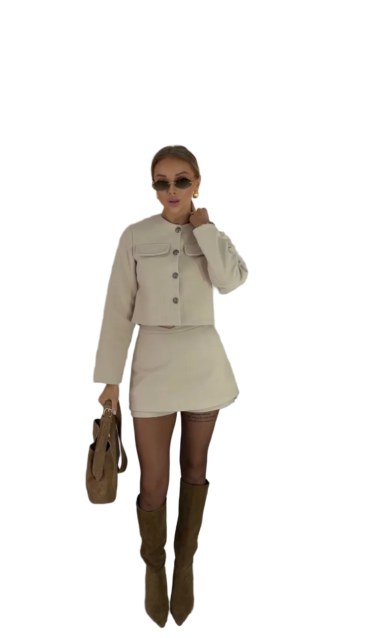 Beige Tweed Two Piece Suit for Women Cropped Jacket Mini Skirt V Belt