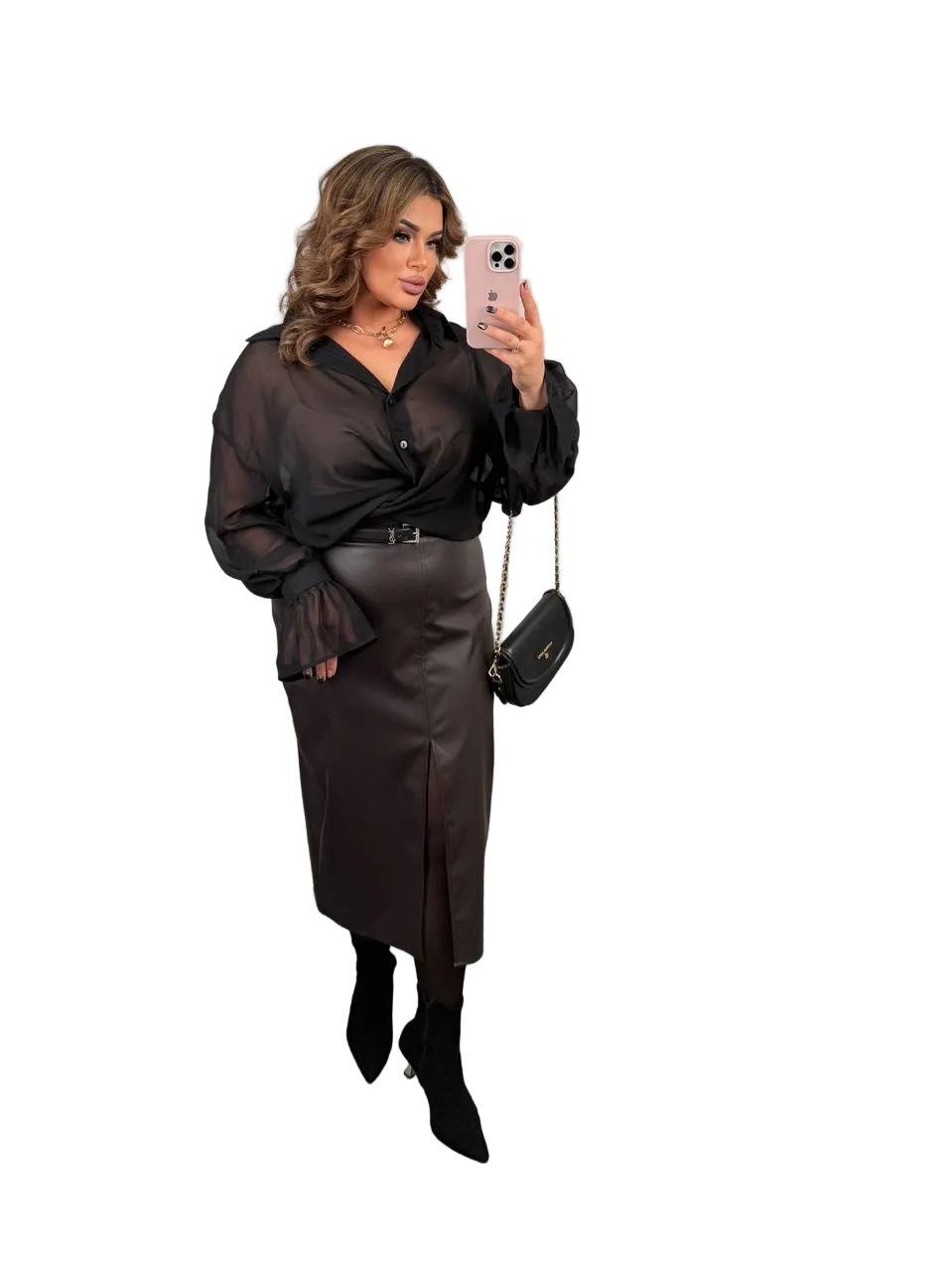High Waist Matte Eco Leather Pencil Skirt Front Slit