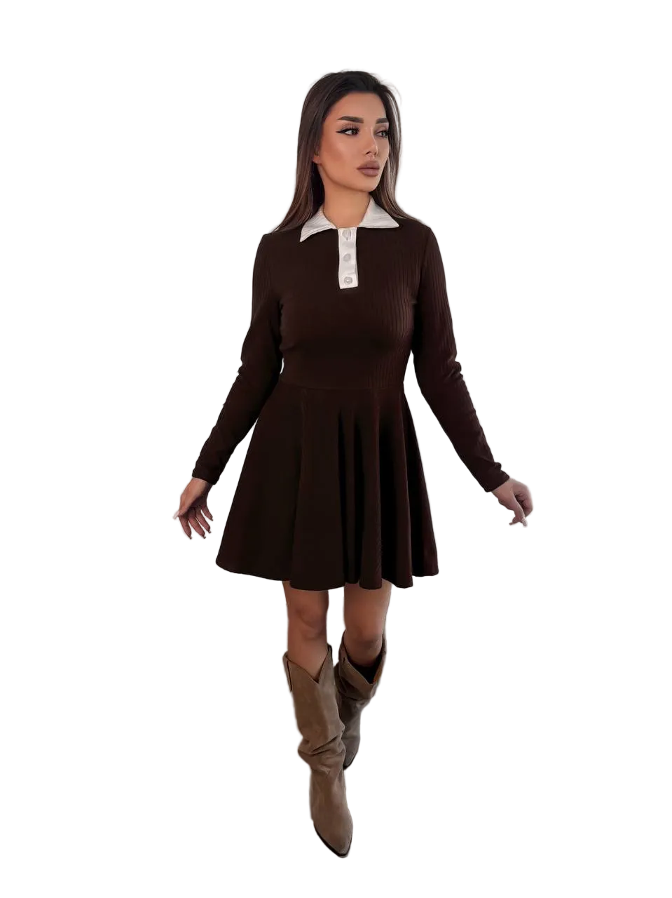 Brown Ribbed Knit Polo Collar Flared Mini Dress Long Sleeve Warm Autumn Dress