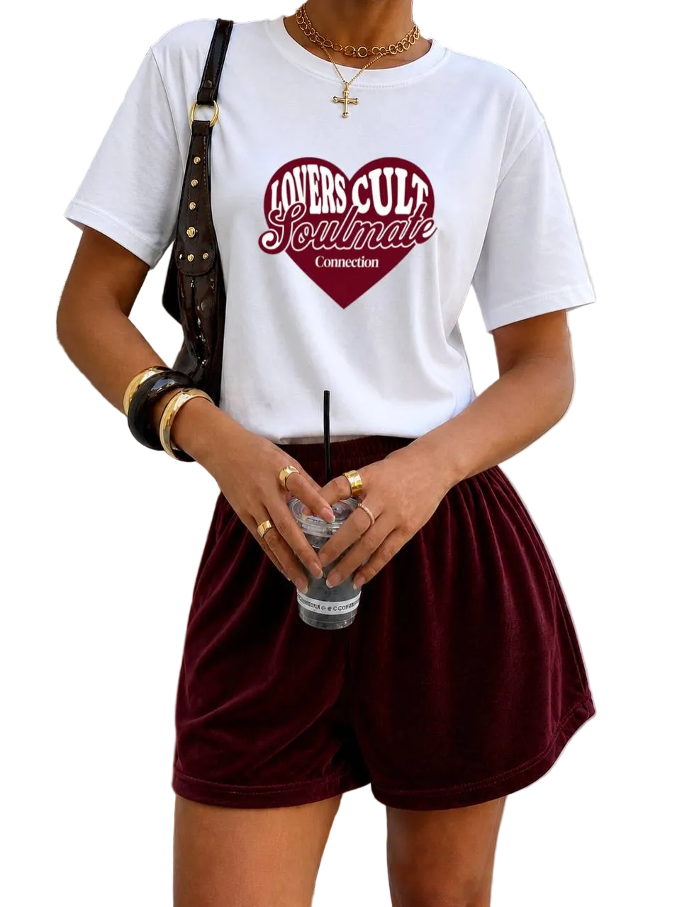 Women Summer Two Piece Set White T Shirt and Burgundy Velour Shorts Casual Lounge Outfit