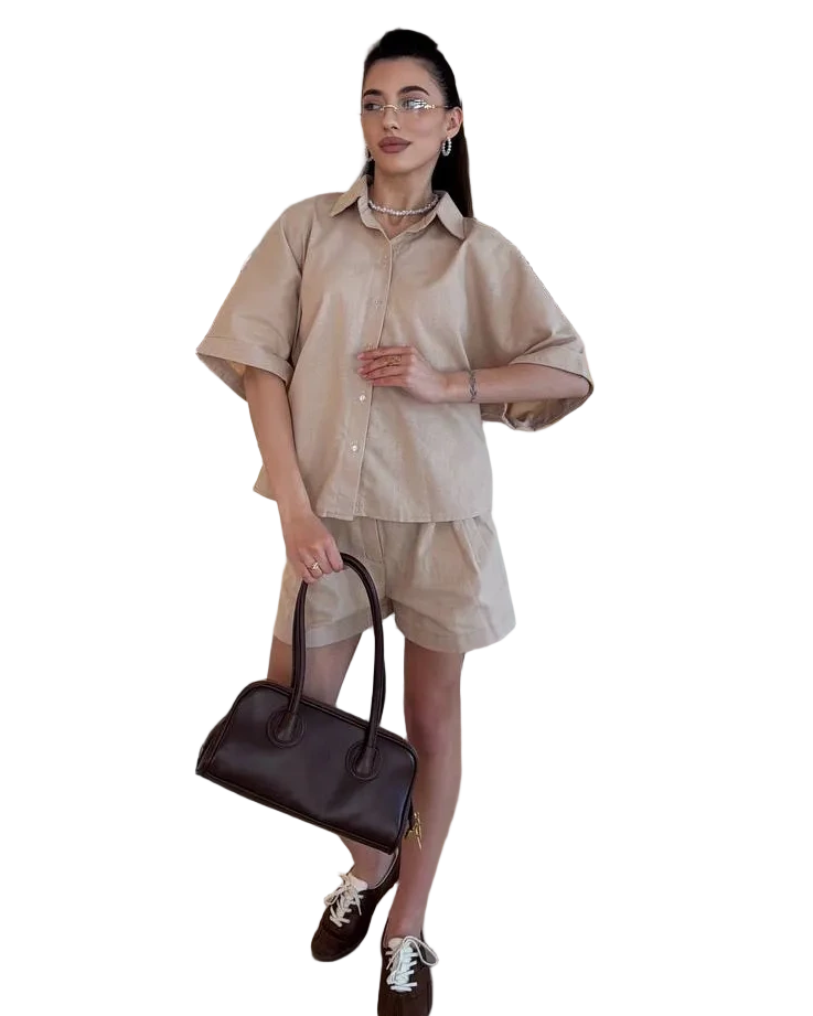 Beige Linen Two Piece Suit Women Shirt and Shorts Summer Linen Set