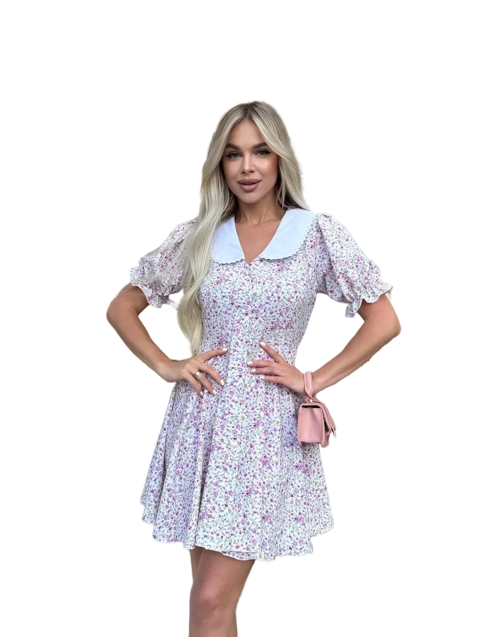 White Pink Floral Summer Dress Peter Pan Collar Puff Sleeve Skater Dress