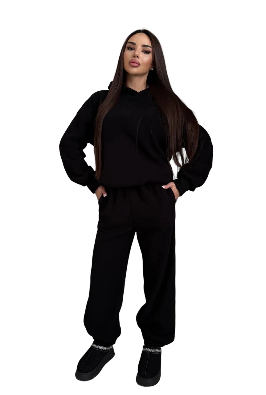 Womens Black Fleece Tracksuit Set Polar Fleece Hoodie and Joggers