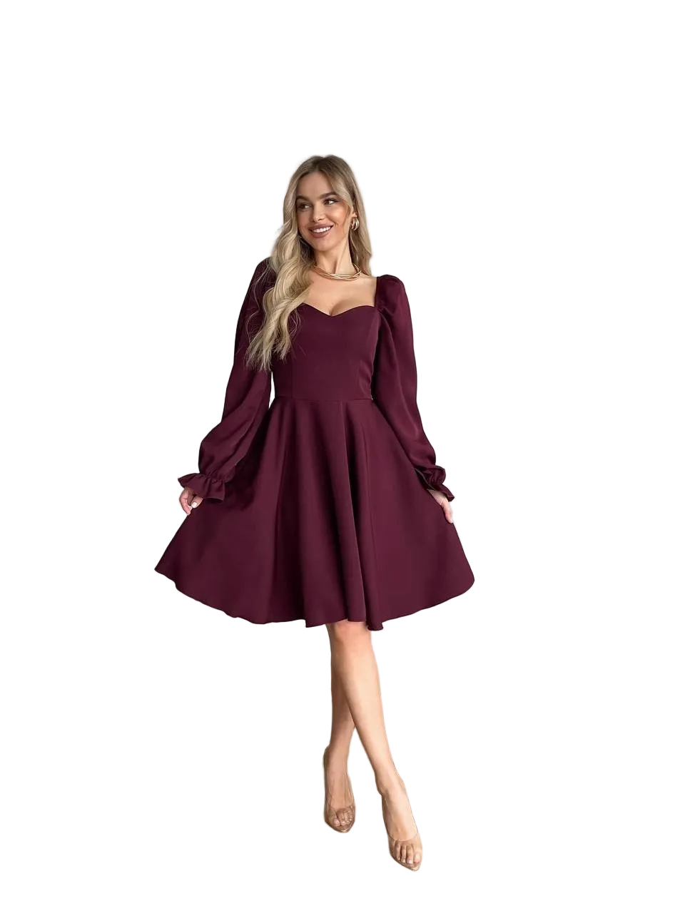 Burgundy Fit and Flare Dress with Puff Sleeves and Sweetheart Neckline