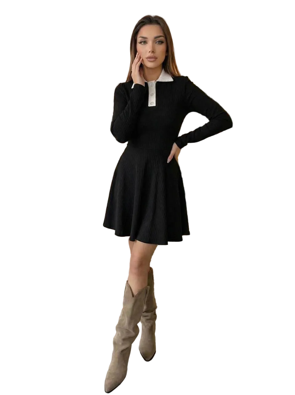 Black Ribbed Knit Dress White Collar Long Sleeve Fit and Flare