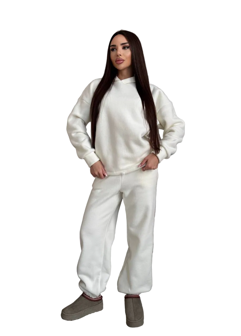 Womens Ivory Polar Fleece Tracksuit Set Oversized Hoodie and Sweatpants