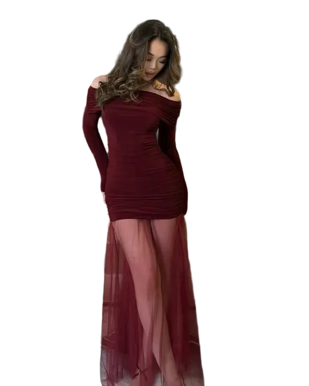 Burgundy Off Shoulder Microdiving Bodycon Dress with Sheer Mesh Skirt Evening Gown
