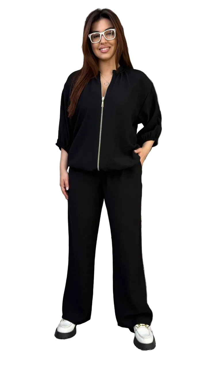 Womens Two Piece Suit Linen Viscose Black Palazzo Pants Zip Jacket