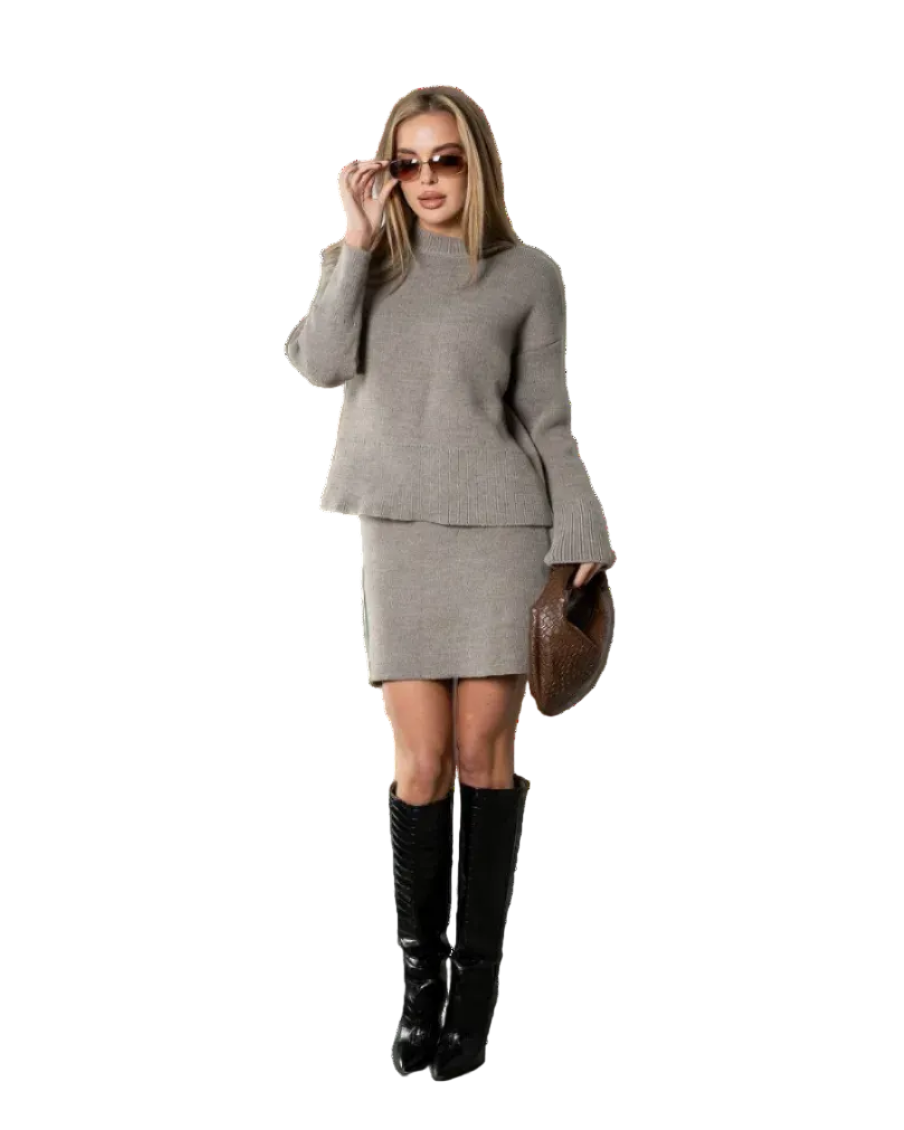 Taupe Knit Sweater and Skirt Set Womens Casual Knitwear