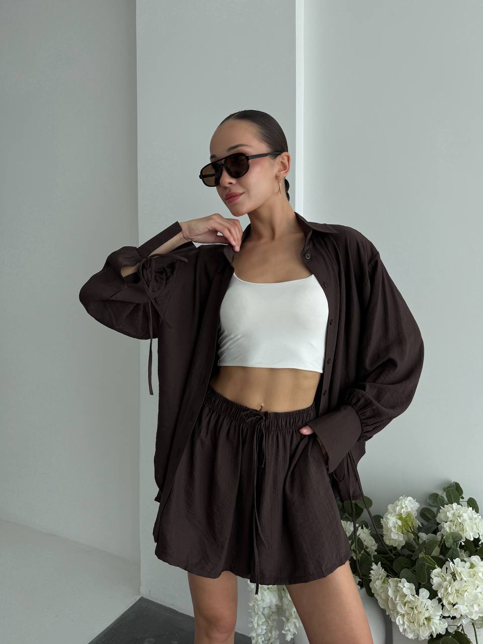 Womens Cotton Textured Two Piece Set Brown Oversized Shirt Elastic Waist Shorts