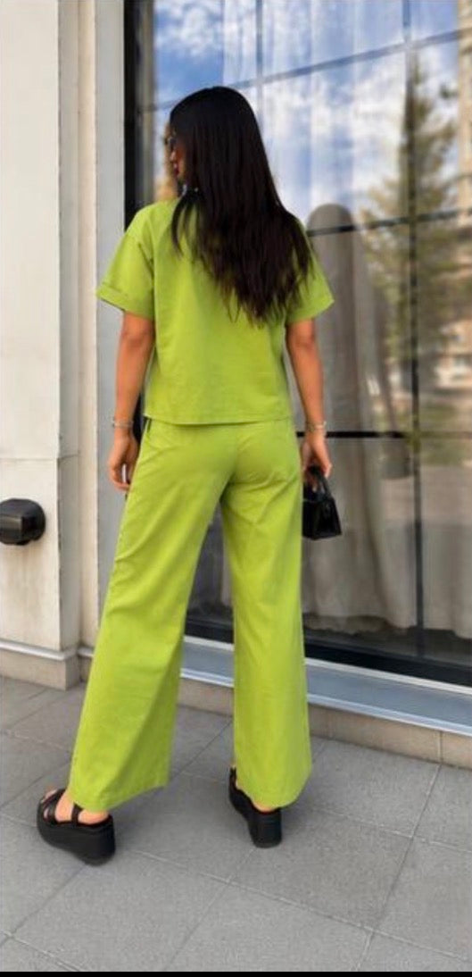 Linen Two Piece Suit Women Lime Green Wide Leg Palazzo Pants Boxy Short Sleeve Top