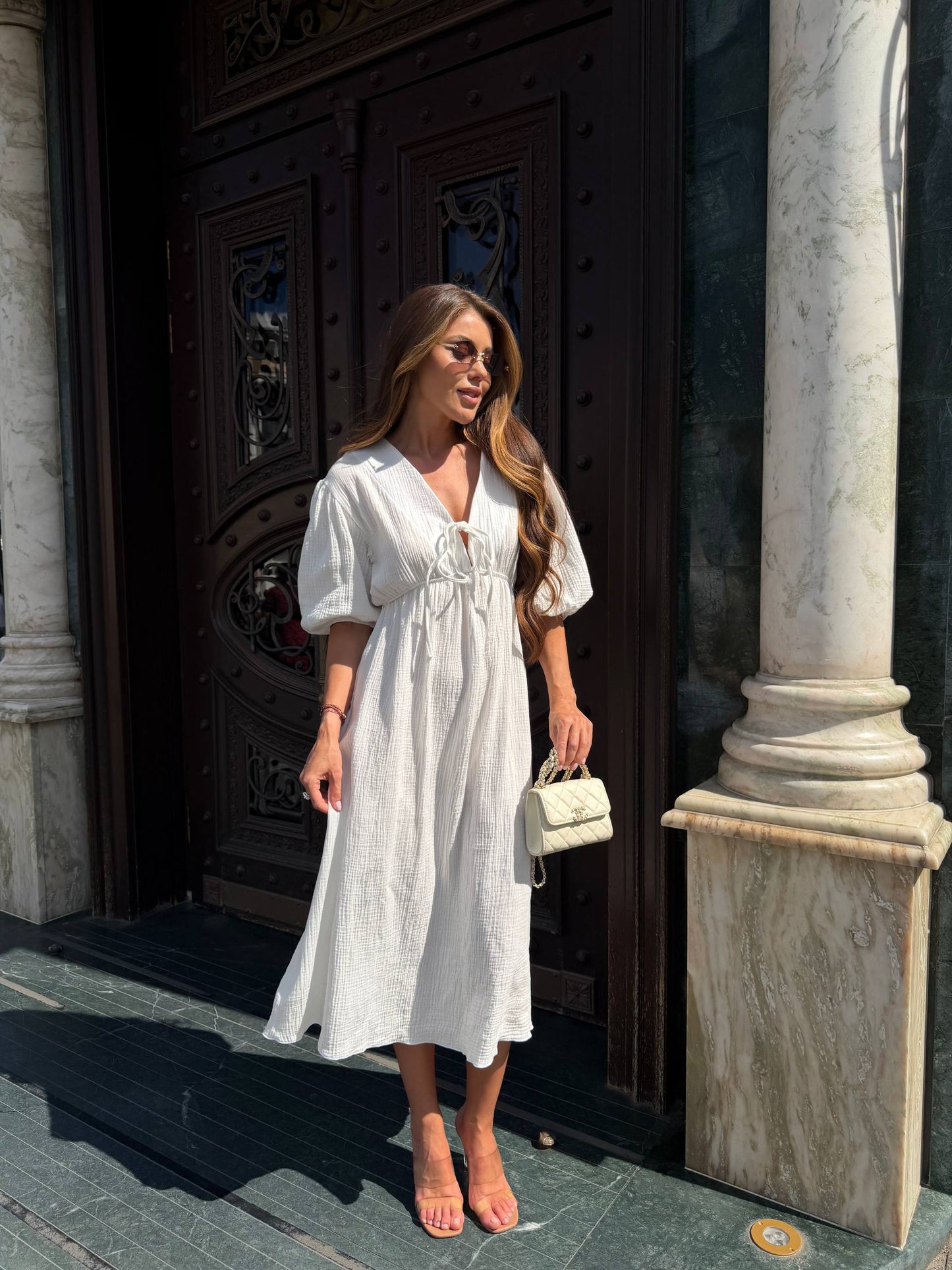 White Muslin Midi Dress Puff Sleeve Tie Neck High Waist Summer Dress
