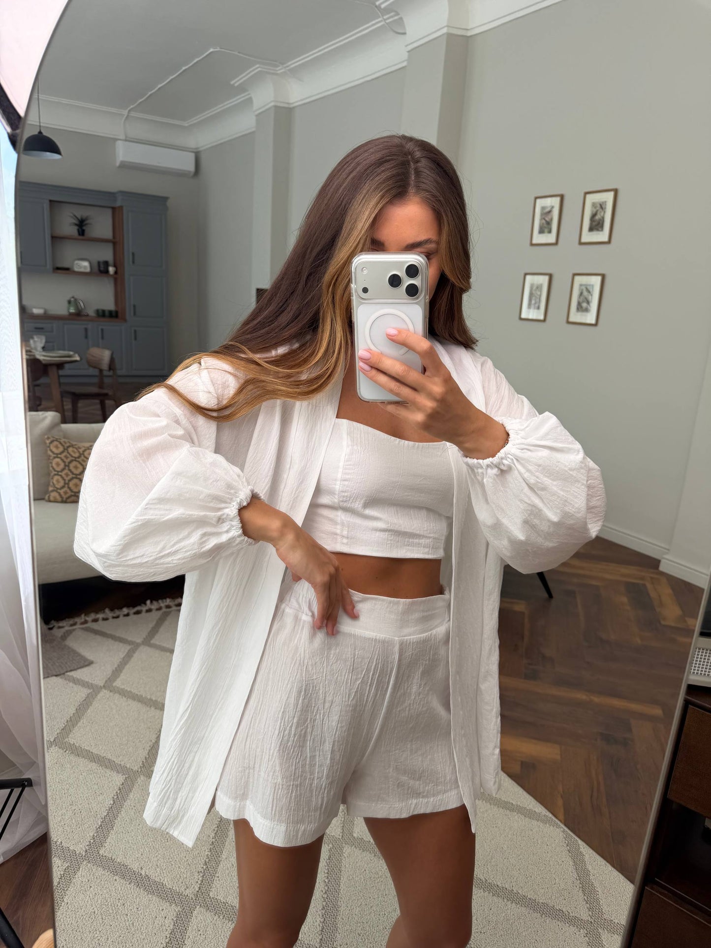 White Cotton Batiste Three Piece Suit for Women Breathable Summer Set Shorts Top Shirt