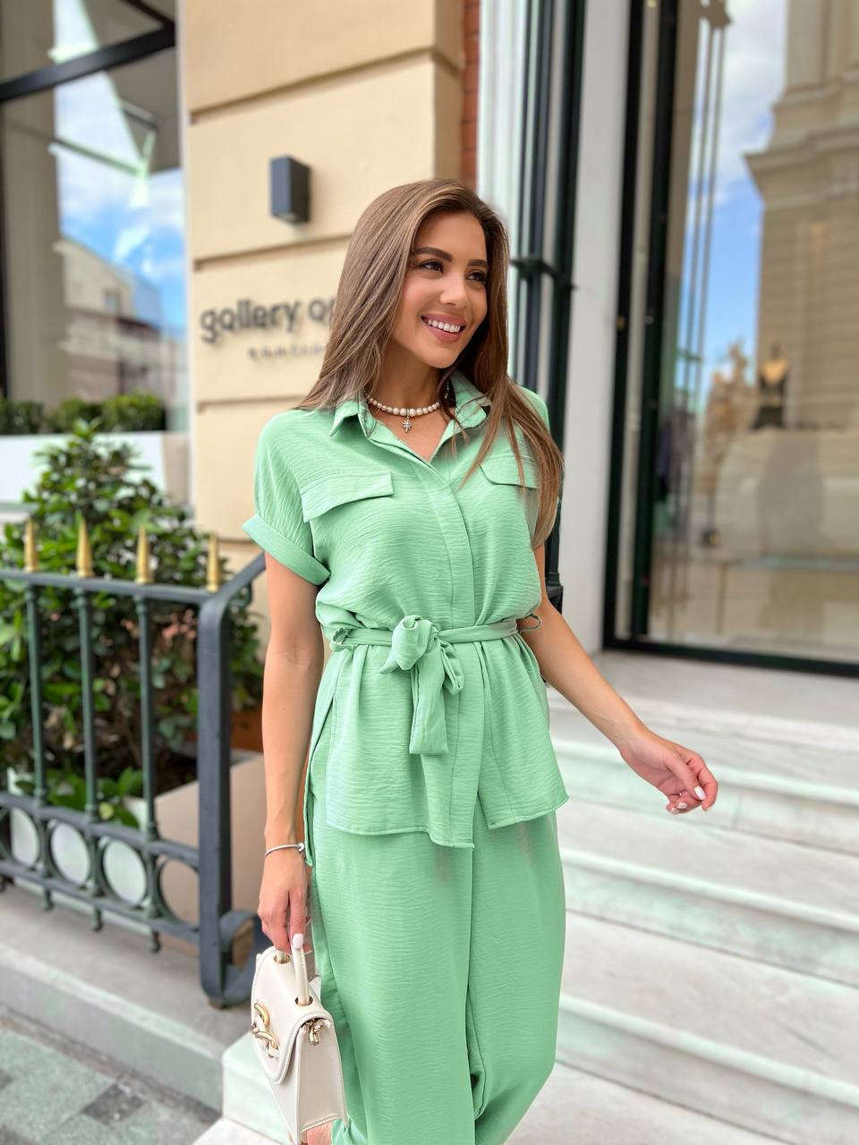 Women Two Piece Suit Mint Green American Crepe Knit Loose Shirt And Elastic Waist Pants