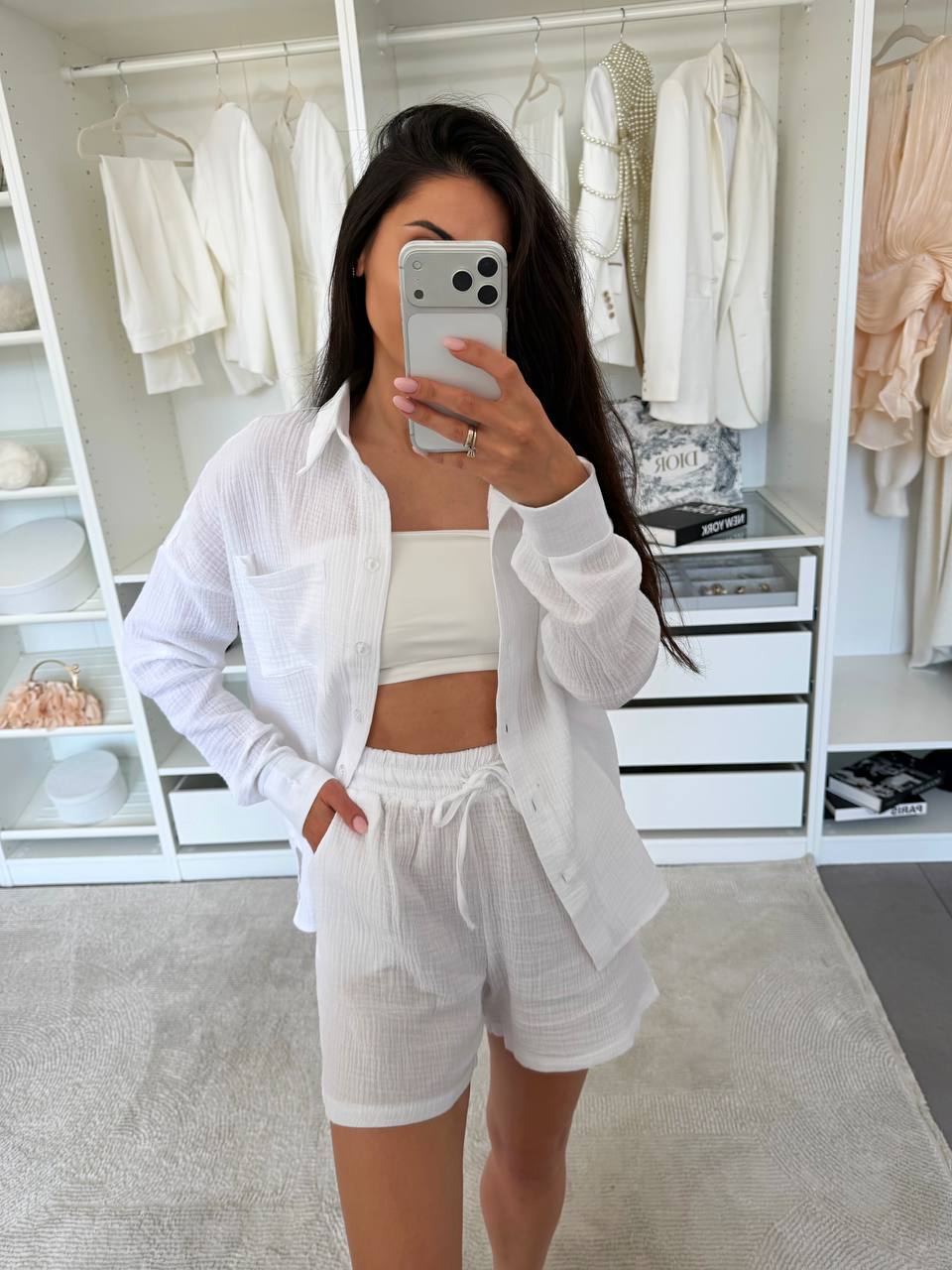 Womens Muslin Two Piece Suit White Shirt and Shorts Summer Set