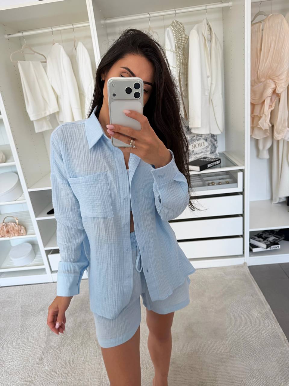 Womens Muslin Two Piece Set Shirt and Shorts Light Blue Summer Loungewear
