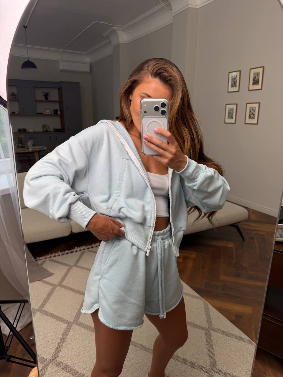 Womens Two Piece Loungewear Set Mint Cotton Zip Hoodie and Shorts